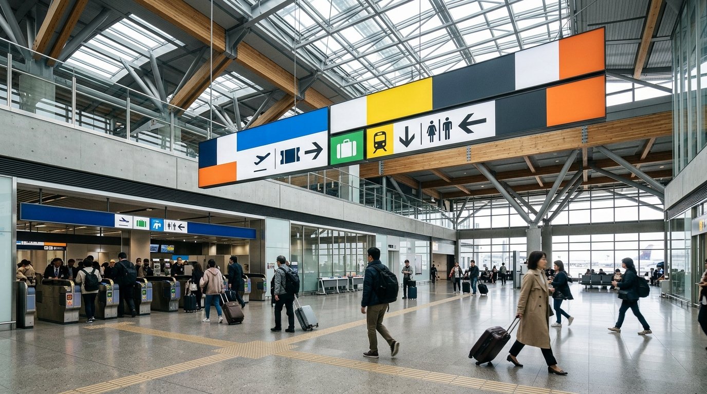Illustrative airport concourse with travelers and transport signs