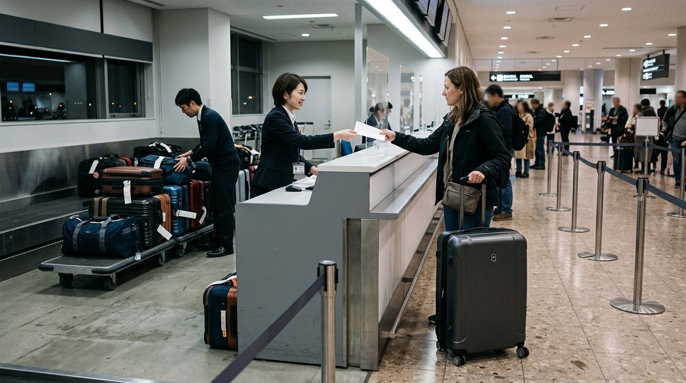 Illustrative traveler arranging luggage at a baggage counter