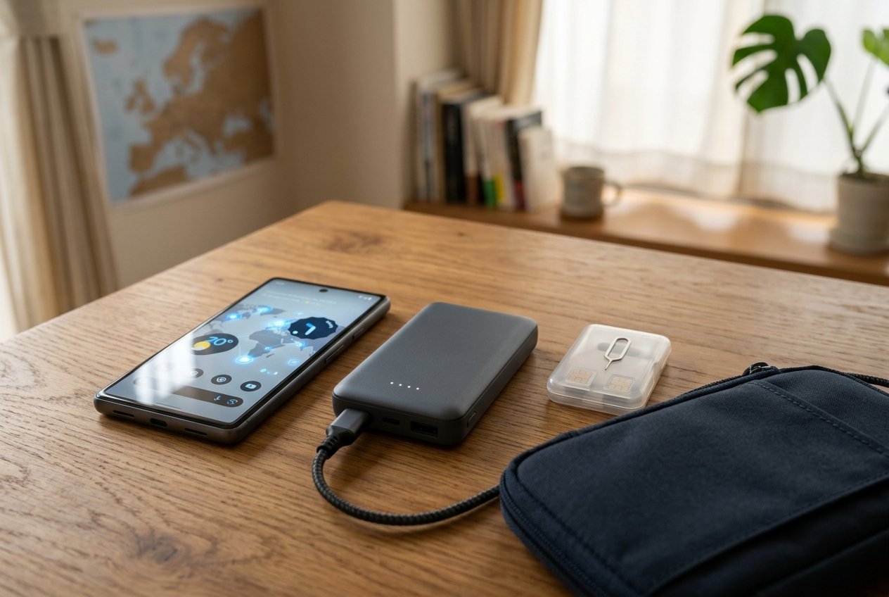 Illustration of a travel phone, portable power and device preparation before comparing connectivity