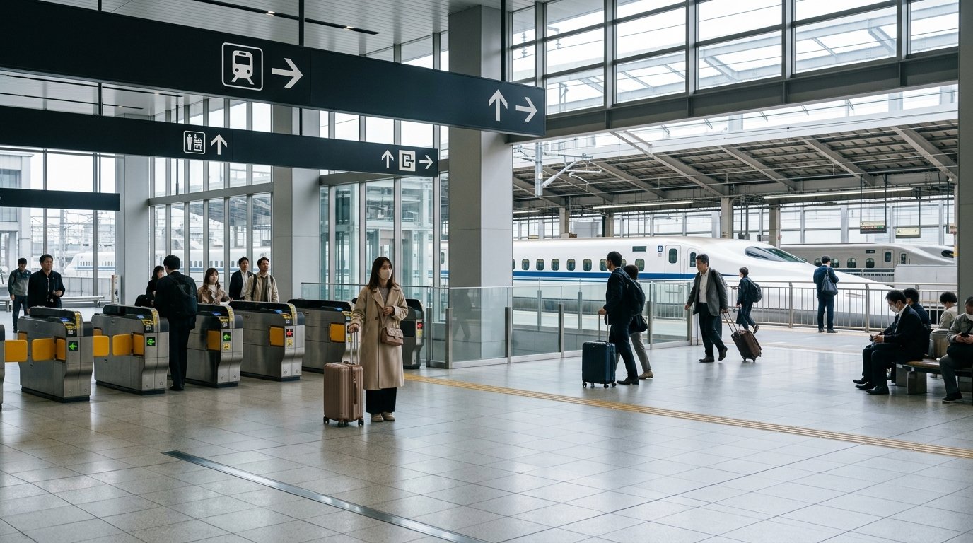 Illustrative railway station with ticket gates, travelers and Shinkansen trains