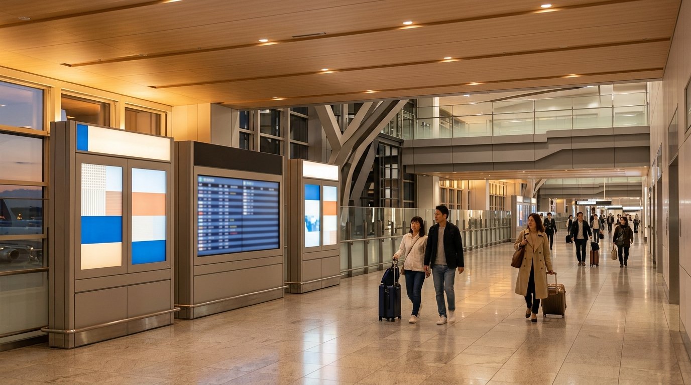 Illustrative travelers passing airport procedure kiosks