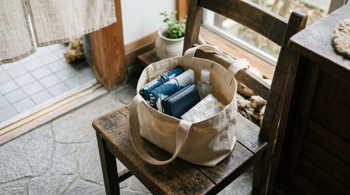Illustrative everyday bag with a wallet, small cloths and a bottle, prepared for daily errands